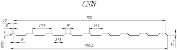 Профнастил С20R 1150/1100x0,5 мм, 2011 насыщенный оранжевый глянцевый